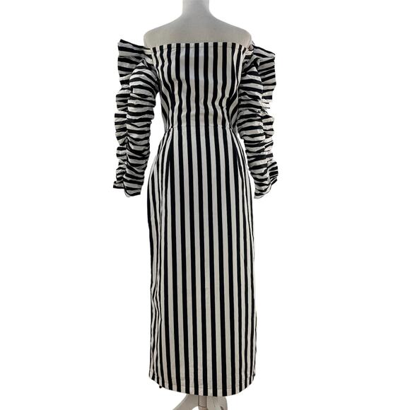 Anna October Off the Shoulder Stripe Dress Black White Midi Ruffle Sleeves - Picture 15 of 16